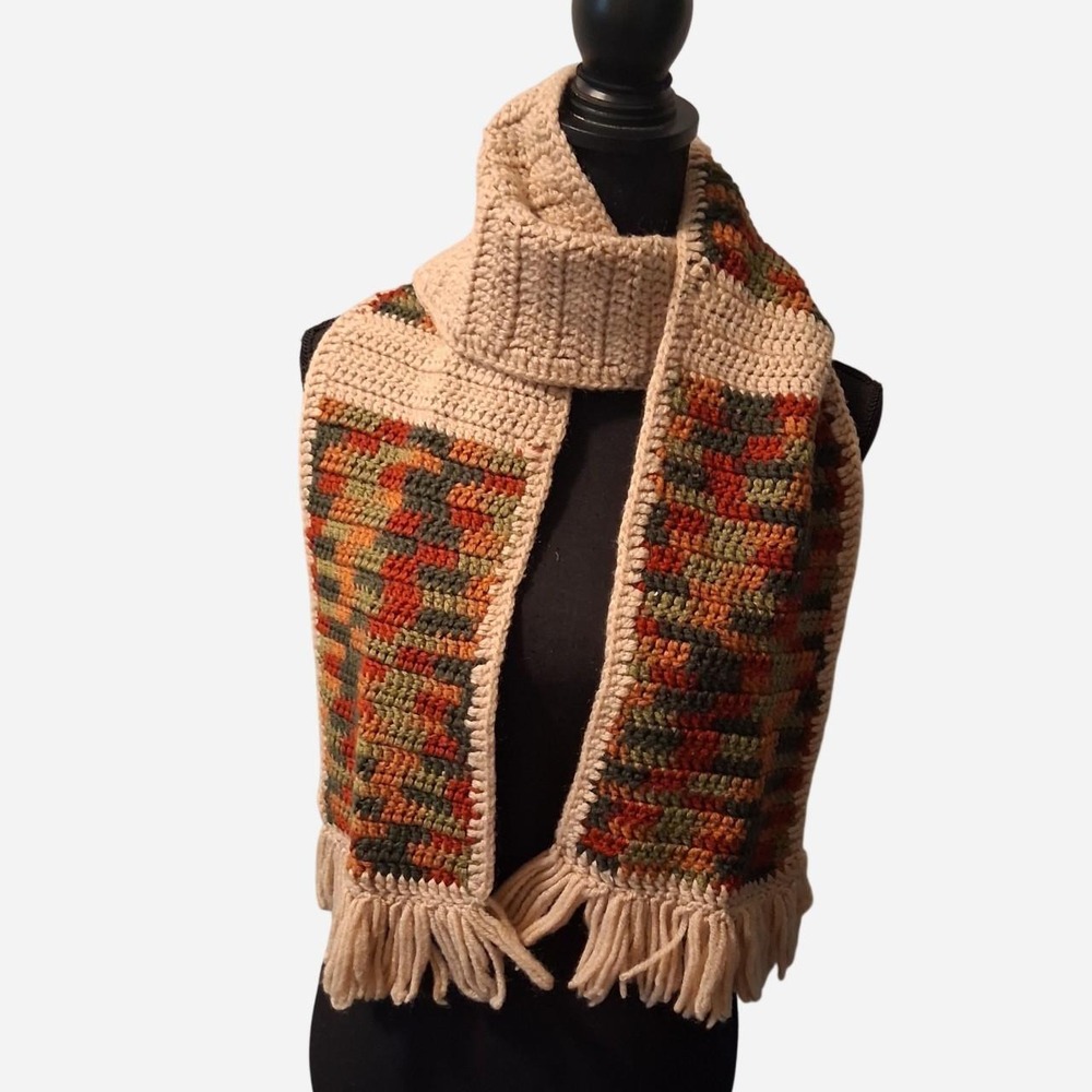 Womens Handmade crochet scarf with multicolored geometric fall pattern